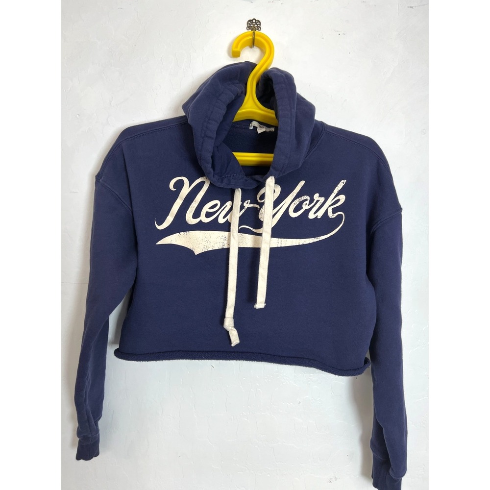 New York Cropped Hoodie Women's Size M Navy Blue Raw Hem Graphic Sweatshirt
